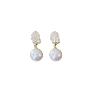 Elegant gold leaf earrings with sparkling zircon stones and white freshwater pearl drops