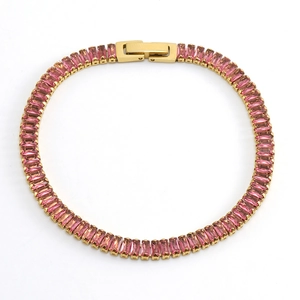 Titanium steel bracelet with golden setting and pink rectangular zircon stones