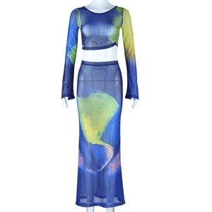 Detail of printed mesh crop top and high waist maxi skirt two-piece fashion set