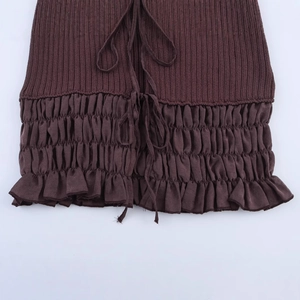 Coffee brown ruffle knitted top with drawstring hem detail on a white background