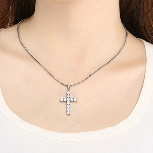 Fashionable stainless steel silver cross necklace with sparkling cubic zirconia on box chain