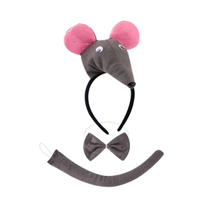 Plush 3-piece grey mouse costume set including animal headband, bowtie and tail for kids
