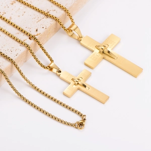 Men's fashion stainless steel gold cross necklace with double pendants on stone