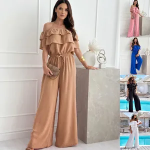 Women Off-Shoulder Ruffle Jumpsuit Polyester Solid Color Drawstring Waist Wide Leg Summer Vacation Elegant