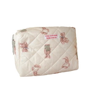 Forest bear pattern quilted cotton makeup bag with a minimalist large capacity design