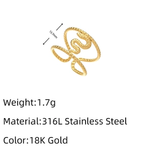 Detail view of 18K gold snake ring in 316L stainless steel with dimensions and weight info