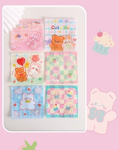 Detail of clear resealable bags with cute cartoon bear and rabbit prints for small items