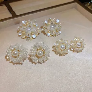 Flower Cluster Artificial Pearl Stud Earrings For Women With 925 Sterling Silver Earring Post French Vintage Elegant Sweet Jewelry