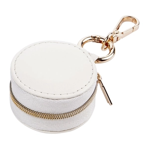 Portable white mini round jewelry storage case with gold zipper and metal hook