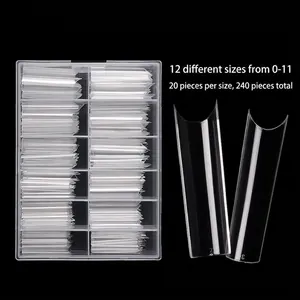Extra long C-curve clear French false nail tips set 240pcs in a 12-slot storage box