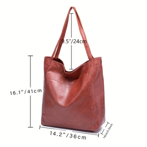 Tableau des dimensions du grand sac cabas vintage en similicuir marron avec détails