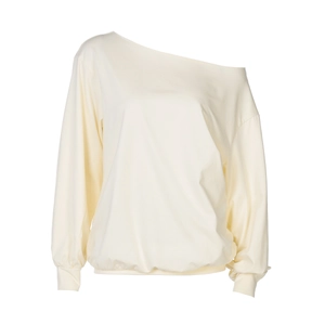 Detail of a cream yellow off-shoulder long sleeve top with ribbed cuffs and hemline