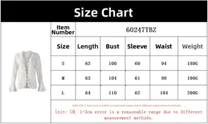 Size chart for lace flare sleeve top with measurements in CM for sizes S to L