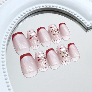 Unghie Finte Fatte A Mano Occhio Di Gatto Perla Artificialto Rosso French Tip Glitter Paillettes Quadrato Rotondo Donne