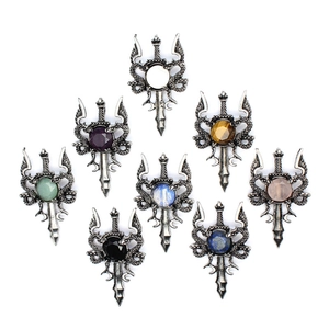 Multiple dragon-wrapped sword pendants with colorful gemstones on a white background