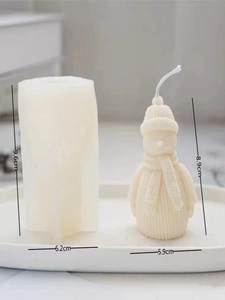 Detailed view of DIY snowman silicone mold and finished candle with dimensions