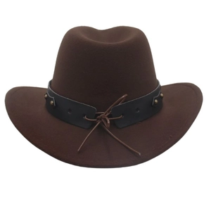 Detail of dark brown felt cowboy hat featuring black leather band with silver rivets