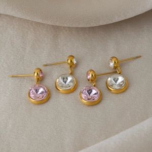 Boucles d'oreilles en acier inoxydable doré 18K avec cristaux ronds rose et blanc