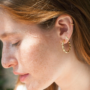Minimalist gold moon stud and twisted hoop earring set for women in fashionable style
