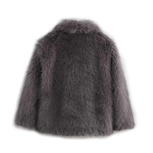 Back view of plush dark grey faux fur coat showing soft fluffy texture and premium warmth