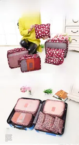 Detail of travel luggage organizers in floral and leopard prints within a suitcase
