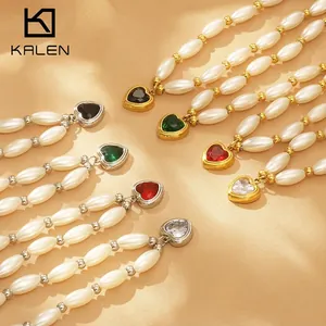Elegant Heart Shape Crystal Pendant Necklace With Stainless Steel Shell Imitation Artificial Pearl Beaded Chain Jewelry For Women