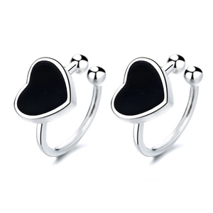 Minimalist black heart ear clips for women featuring silver s925 metal and enamel finish