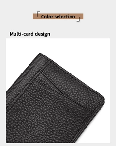 Macro detail of black pebble leather wallet showing multi-card slot design