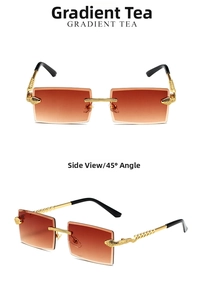 Detail of rimless square sunglasses featuring gradient tea lenses and snake-shaped metal temples