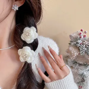 Barrette À Cheveux Fleur Tricotée Blanc Fil Crochet Pince Bec De Canard Avec Künstliche Perle Strass Accessoire Cheveux Vintage Femme
