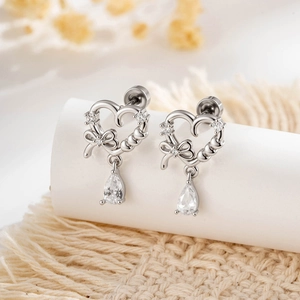 Heart Bow Ear Cartilage Stud With Zircon Waterdrop Pendant Screw Back Piercing Jewelry For Women