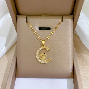 Moon Rabbit Pendant Necklace Gold Plated Stainless Steel Chain Copper Zirconia Inlaid Luxury Jewelry For Women