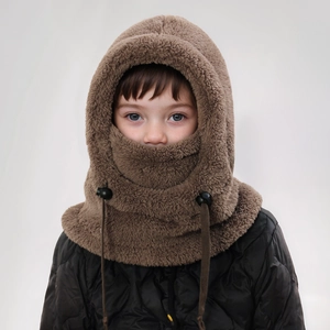 Close-up of children's fleece balaclava with drawstring and warm windproof face mask