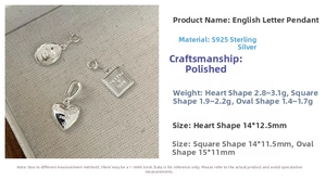 Detail specifications of S925 sterling silver heart and square pendants with dimensions