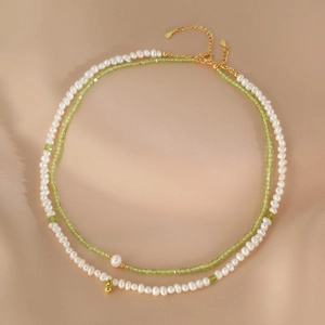Natural Freshwater Pearl Peridot Layered Necklace For Women Gold Double Layer Clavicle Chain Minimalist Handcrafted Niche Jewelry