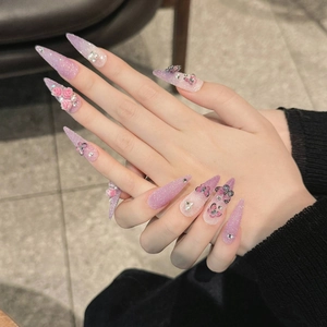 Handmade gradient purple stiletto press-on nails with 3D rose and butterfly accents