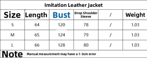 Guide détaillé des tailles pour veste en similicuir avec mesures de longueur et de poitrine