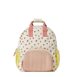 Kids cotton canvas backpack with cute strawberry print and colorful pockets