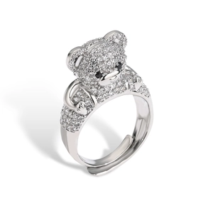Sparkling silver teddy bear ring with cubic zirconia stones and adjustable open band