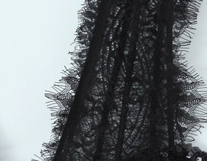 Détail de dentelle de cils noire avec des paillettes scintillantes sur une robe de soirée