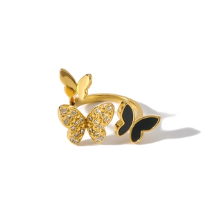 Luxury stainless steel open ring with gold, zircon, and black enamel butterflies