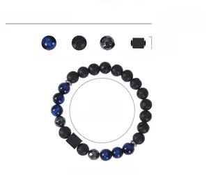 Detailed size chart for 8mm tiger eye and lava stone beaded bracelet showing dimensions