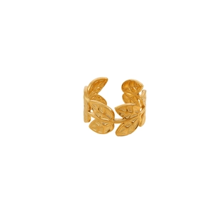 Leaf-inspired open ring in gold stainless steel with realistic vine and vein textures