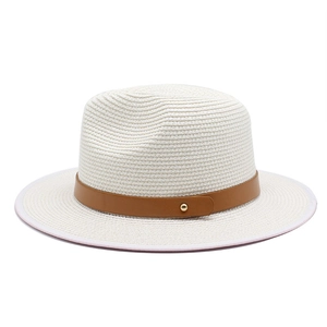 Classic white straw Fedora sun hat with a brown leather band and gold stud accent