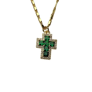 Cross necklace with green square zircon pendant and gold flat link chain on white background