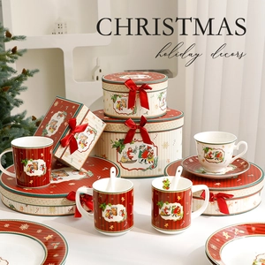 Christmas ceramic dinnerware gift set with festive mugs and plates in vintage holiday style