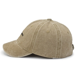 Vintage washed khaki baseball cap with short brim and side MENT embroidery detail