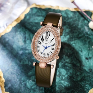 Gedi elegant oval water-drop women's watch with rose gold diamond bezel and leather strap