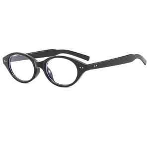 Retro black oval glasses frame with silver rivets and blue light blocking clear lenses