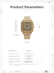 Detailed specs of square gold quartz watch with rhinestones, 41mm dial and metal band